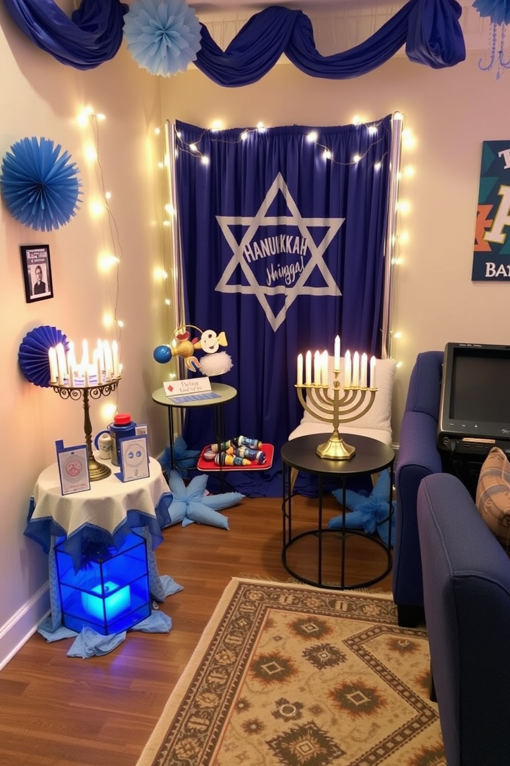 A cozy Hanukkah-themed photo booth corner is set up with blue and silver decorations. A large Star of David backdrop is adorned with twinkling fairy lights, and a table displays themed props like dreidels and menorahs. The game room is transformed for Hanukkah with festive decorations and cozy seating. A vibrant menorah is placed on a side table, while a rug with traditional patterns adds warmth to the space.