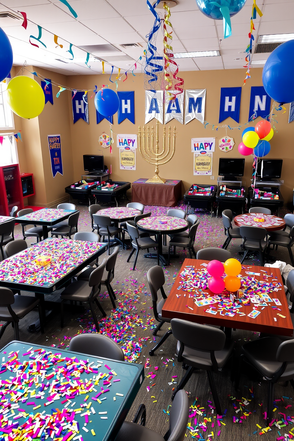 A vibrant game room filled with colorful confetti scattered across various game tables. The walls are adorned with festive Hanukkah decorations, including blue and silver banners and a large menorah centerpiece. The tables are set for fun, featuring board games and card games surrounded by comfortable seating. Brightly colored balloons and streamers add to the celebratory atmosphere, creating an inviting space for friends and family to gather.