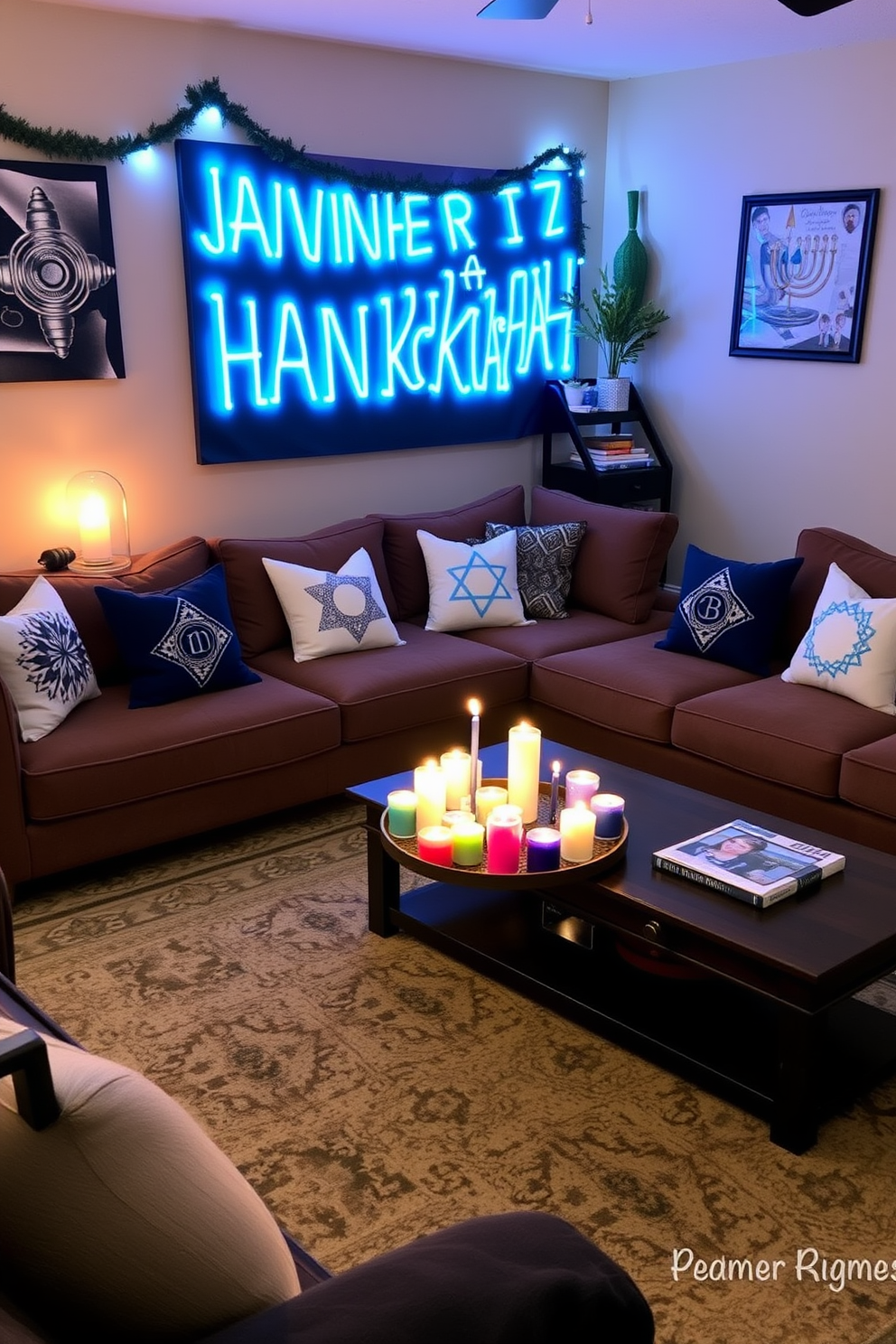 Create a cozy game room setting decorated for Hanukkah. The room features a large sectional sofa adorned with festive throw pillows and a coffee table surrounded by colorful candles that provide ambient lighting.