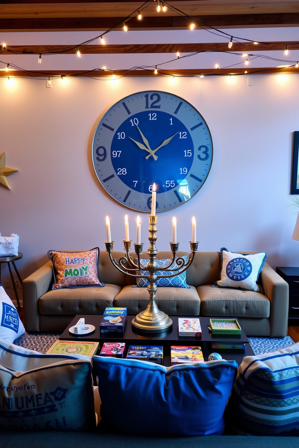 A vibrant game room filled with colorful paper lanterns hanging from the ceiling. The walls are adorned with festive decorations celebrating Hanukkah, creating a joyful and inviting atmosphere.