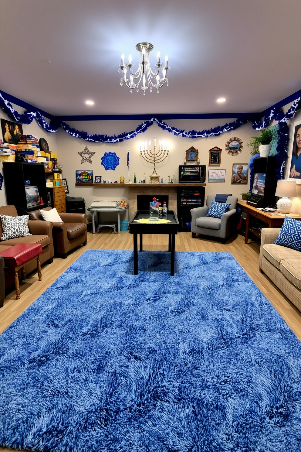 A vibrant game room designed for Hanukkah festivities. The walls are adorned with colorful decorations, featuring a large interactive wall calendar that highlights each day of the holiday. Cozy seating arrangements are complemented by festive throw pillows in blue and silver hues. A beautifully decorated menorah sits on a side table, surrounded by games and activities for family and friends to enjoy together.