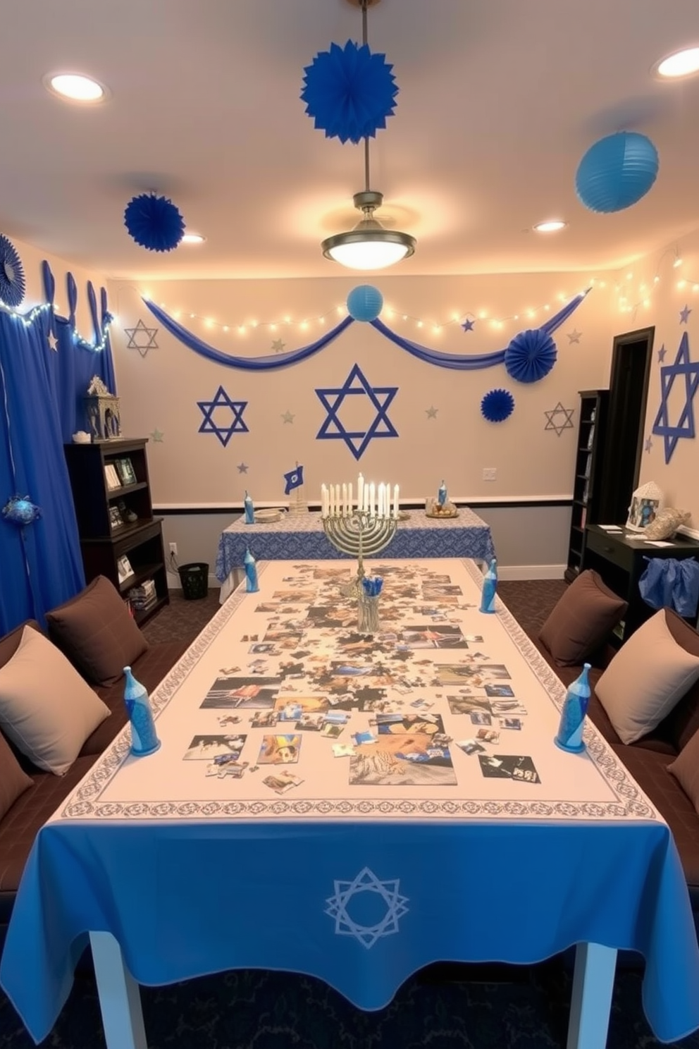 A cozy game room designed for Hanukkah festivities. The walls are adorned with blue and white decorations, featuring Star of David motifs and string lights. A large table is set up for puzzles, surrounded by comfortable seating. Festive tablecloths and menorah centerpieces add a cheerful touch to the space.