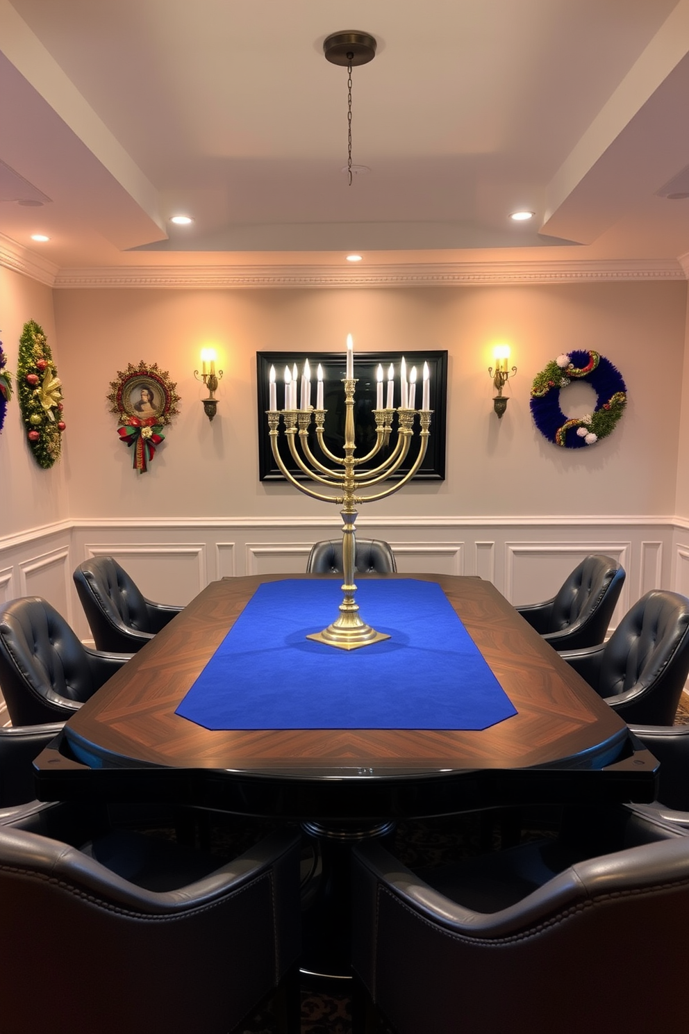 A stylish game room features a large game table at the center adorned with a beautifully crafted menorah centerpiece. The walls are decorated with festive Hanukkah ornaments, and soft lighting creates a warm and inviting atmosphere.