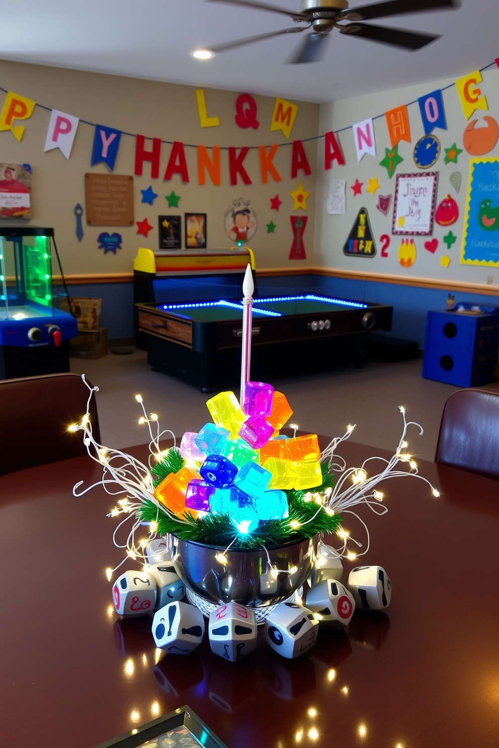 A DIY Hanukkah craft station for kids features a large table covered with colorful craft supplies such as paper, glue, and glitter. Brightly colored decorations hang from the ceiling, creating a festive atmosphere for children to enjoy their creative activities. The game room is adorned with Hanukkah-themed decorations, including a large menorah and blue and silver balloons. Cozy seating arrangements with plush cushions provide a comfortable space for family and friends to gather and celebrate the holiday.