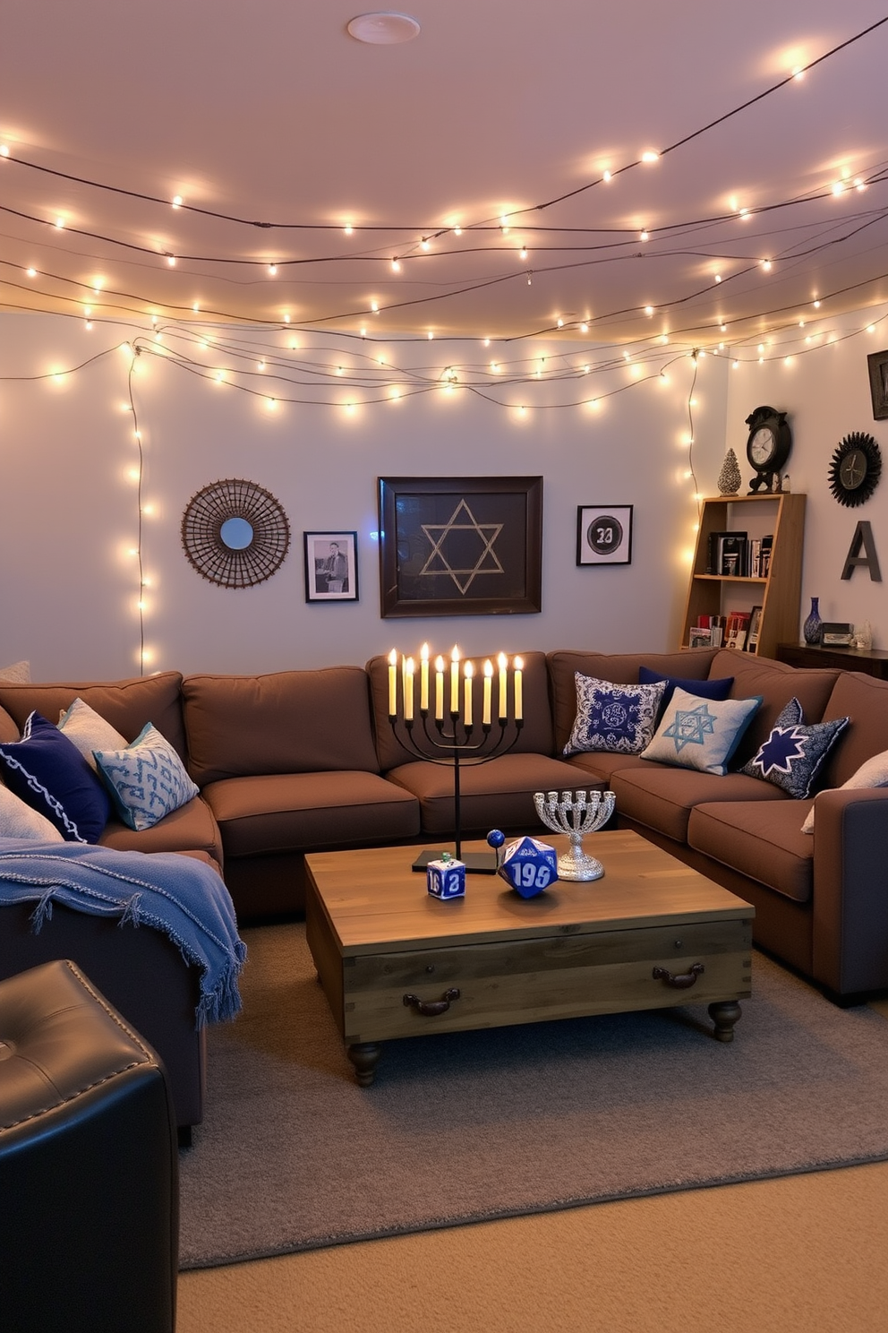 A cozy game room setting adorned with string lights that create a warm and inviting atmosphere. The walls are painted in a soft blue hue, and a plush sectional sofa is arranged around a coffee table made of reclaimed wood. Festive Hanukkah decorations are tastefully displayed throughout the room. A beautifully lit menorah sits on the coffee table, surrounded by decorative dreidels and blue and silver accents.