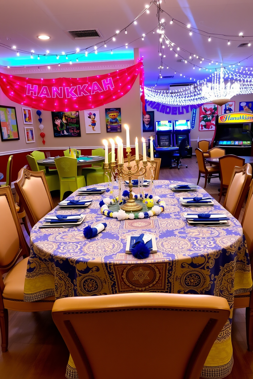 A beautifully set dining table adorned with a themed tablecloth featuring intricate Hanukkah motifs. The table is surrounded by elegant chairs, and the centerpiece showcases a stunning menorah surrounded by festive decorations. A vibrant game room decorated for Hanukkah, featuring playful wall art and colorful banners. Cozy seating areas invite guests to enjoy games while festive lights twinkle overhead, creating a warm and inviting atmosphere.