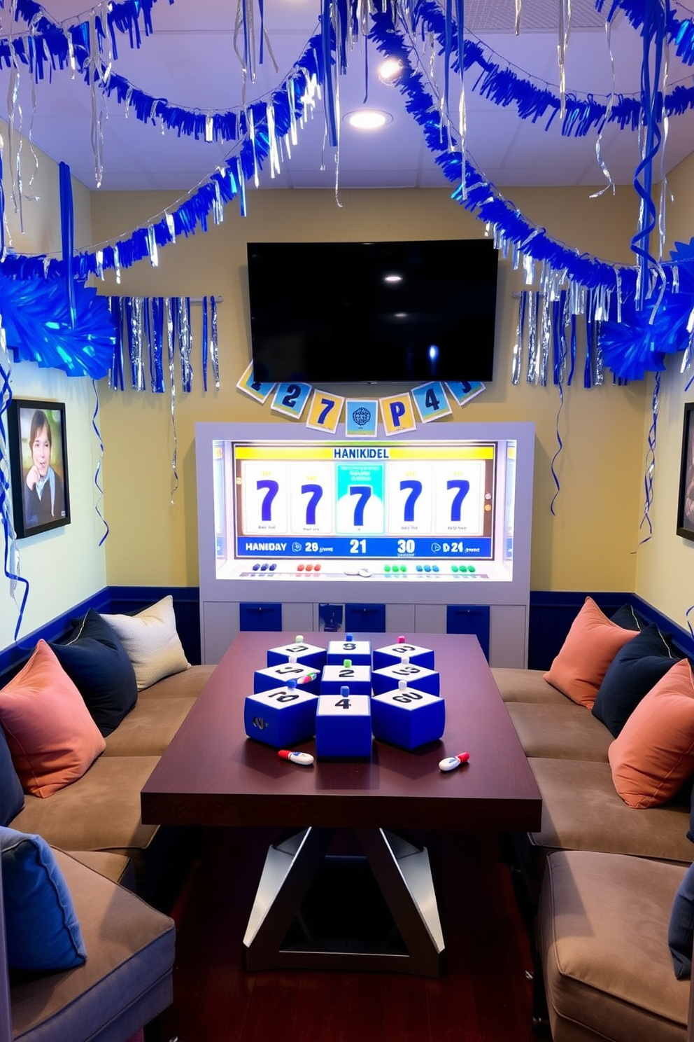 A cozy game room adorned with Hanukkah themed throw pillows in shades of blue and silver. The pillows feature traditional motifs such as menorahs and dreidels, adding festive charm to the space. The walls are decorated with string lights and festive banners that celebrate the holiday. A comfortable seating area is arranged around a game table, inviting friends and family to enjoy holiday gatherings.