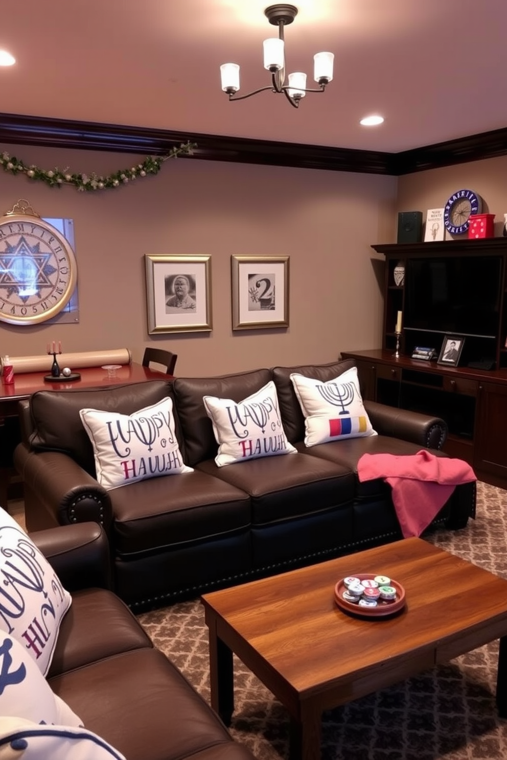 Create a cozy game room featuring seating adorned with Hanukkah-themed throw pillows. The space is illuminated with soft lighting, and festive decorations reflect the spirit of the holiday.