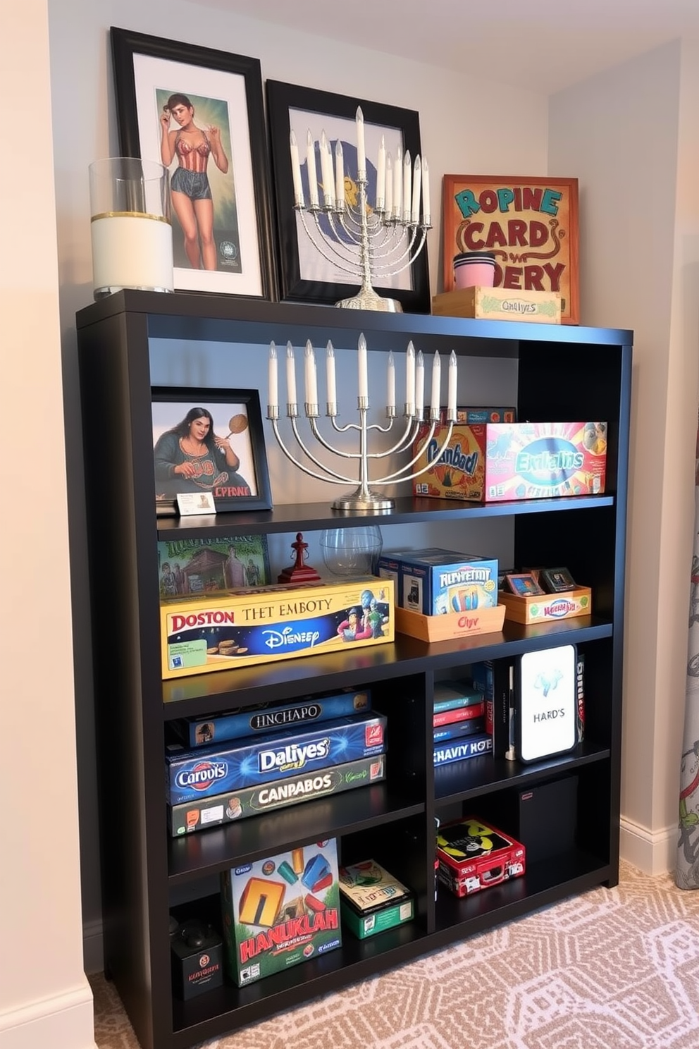 A beautifully arranged game room features a decorative menorah prominently displayed on a stylish game shelf. The shelf is adorned with various board games and gaming accessories, creating a festive and inviting atmosphere for Hanukkah celebrations.