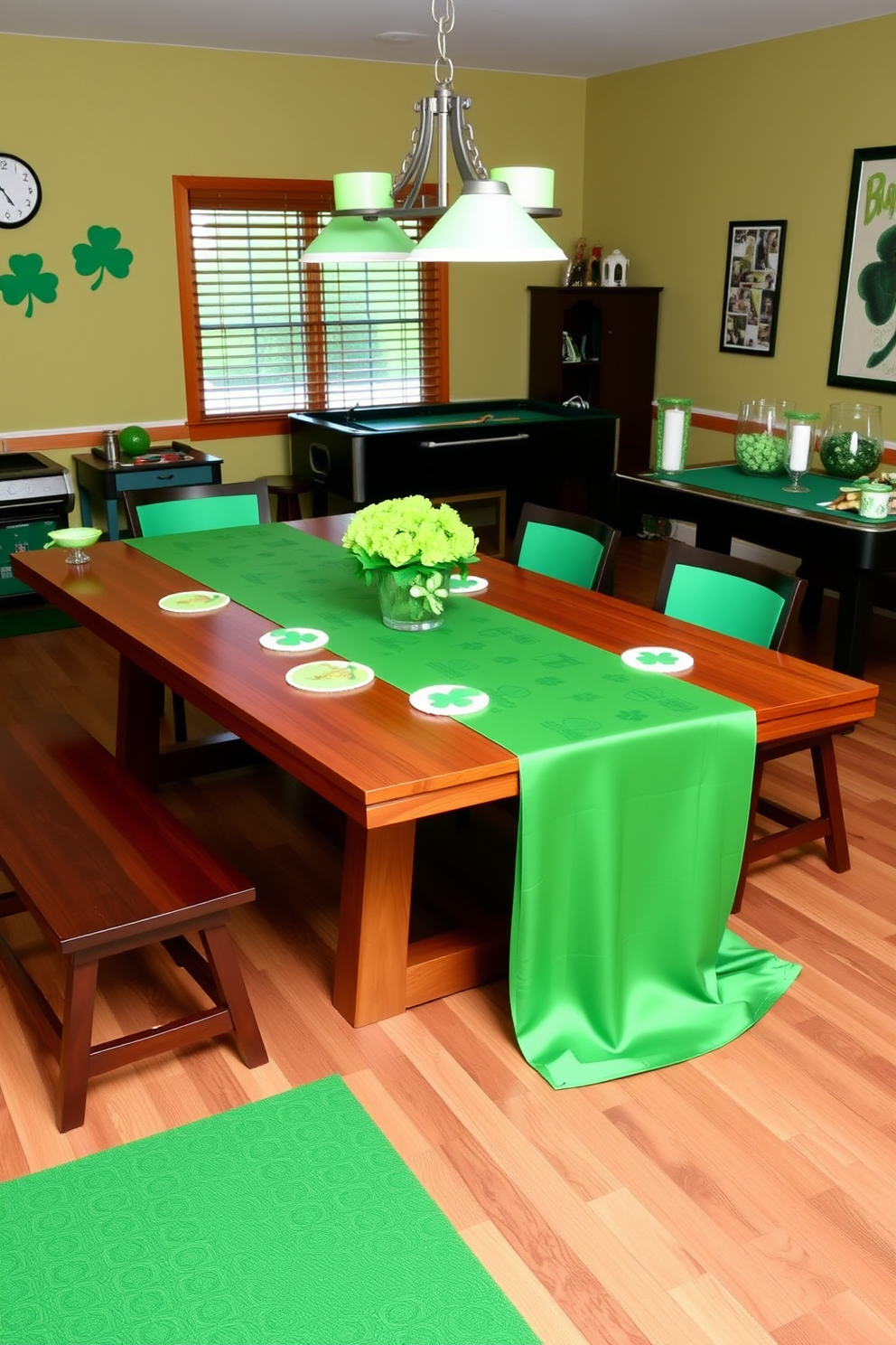 A vibrant game room adorned with a green themed tablecloth that drapes elegantly over a sleek wooden table. Surrounding the table are playful accessories such as shamrock coasters, festive centerpieces, and green-hued snacks that enhance the St. Patrick's Day spirit.