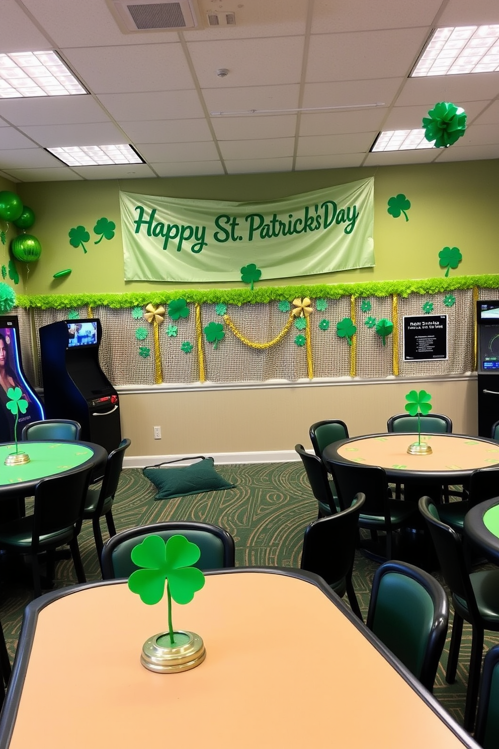 Create a vibrant game room decorated for St. Patrick's Day featuring lucky four leaf clover centerpieces on each table. The walls are adorned with festive green and gold decorations, and a large banner reading 