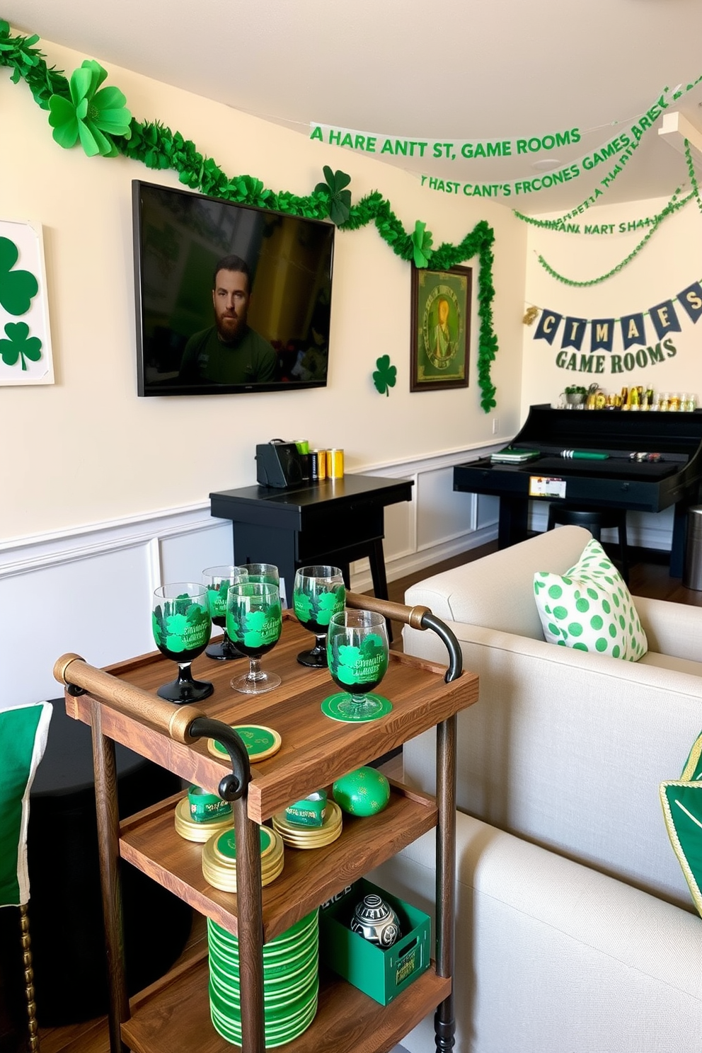 A cozy game room decorated for St. Patrick's Day features lucky horseshoes hung above the doorways. The walls are adorned with festive green and gold accents, creating a cheerful atmosphere for gatherings and celebrations.