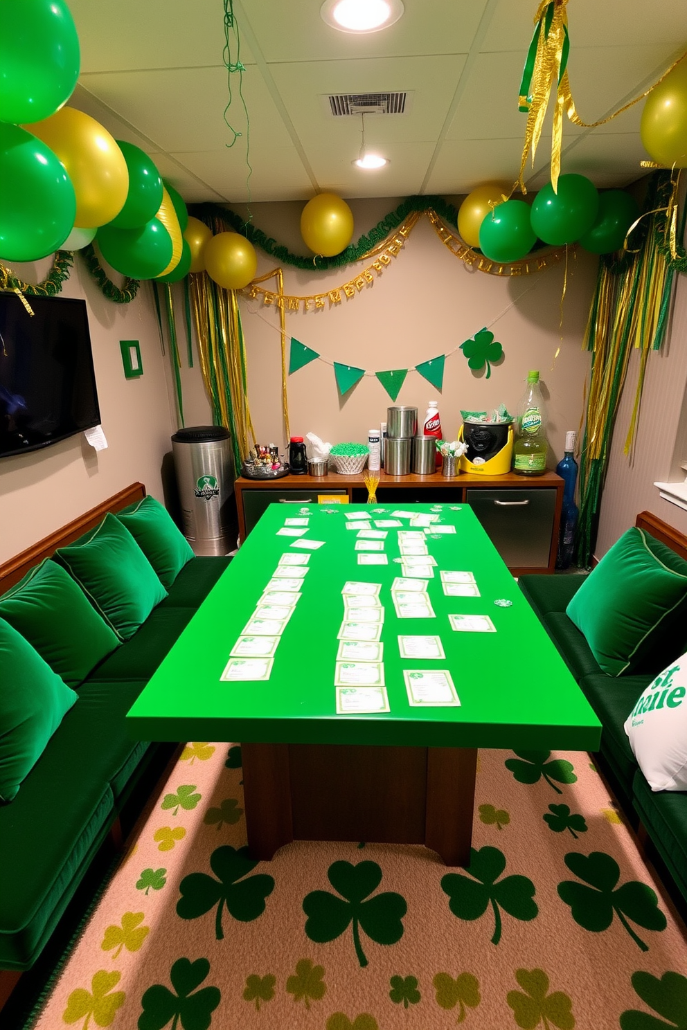 A lively game room dedicated to St. Patrick's Day features a large green table covered with trivia cards and festive decorations. Colorful balloons and streamers in shades of green, gold, and white adorn the walls, creating a cheerful atmosphere. The space includes comfortable seating with plush green cushions and a cozy area rug with shamrock patterns. A snack bar is set up with traditional Irish treats and drinks, inviting guests to enjoy the festivities while participating in the trivia game.