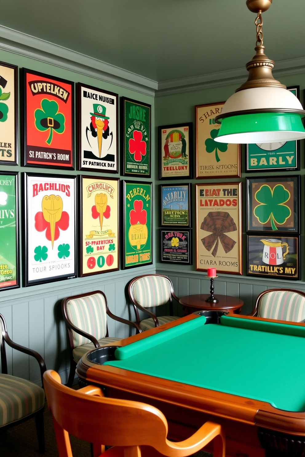 A game room decorated for St. Patrick's Day features a vibrant green and white striped table runner draped across a rustic wooden table. The table is adorned with festive decorations including shamrock centerpieces and playful leprechaun figurines, creating a lively atmosphere for celebrations.