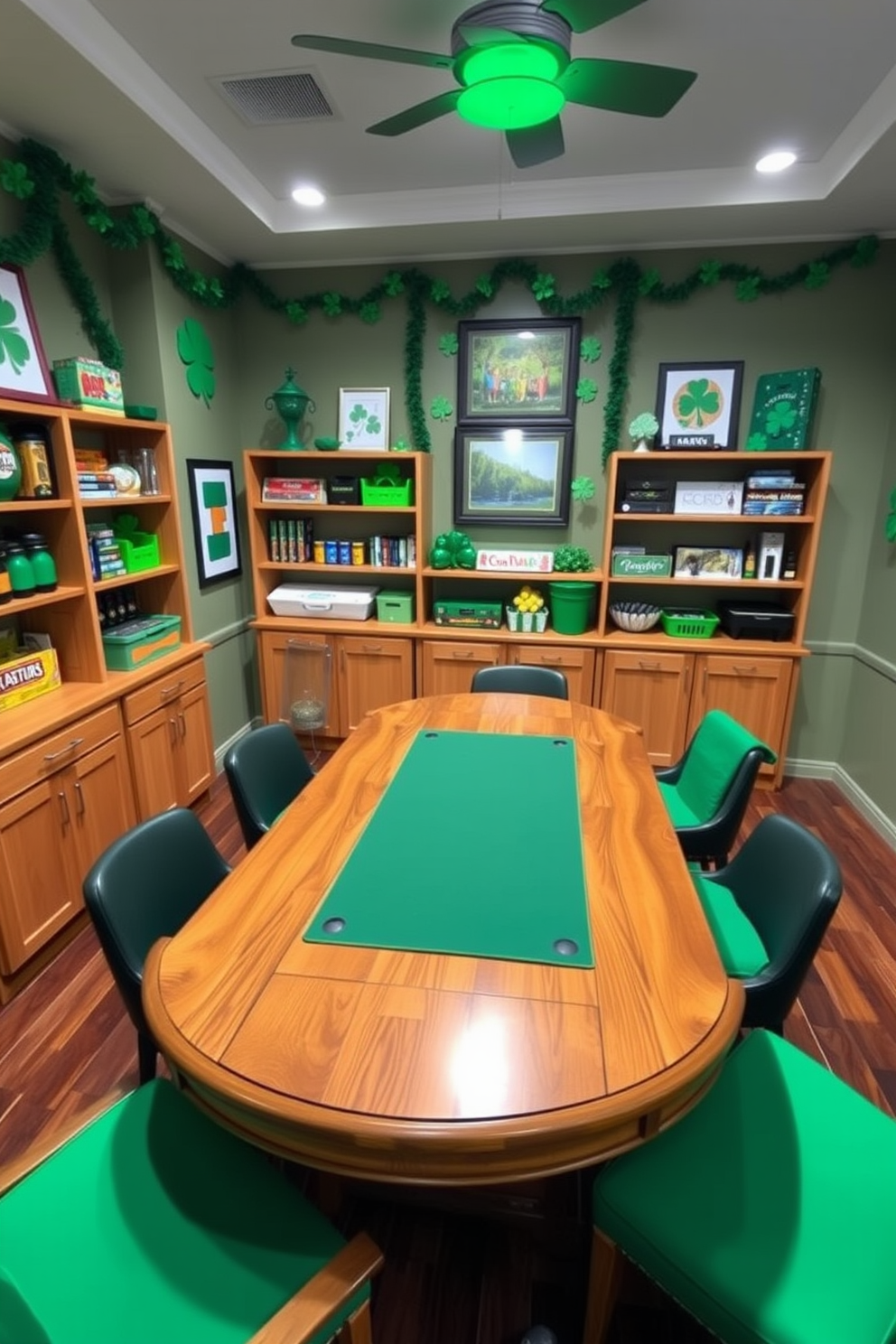 A vibrant game room designed for tabletop games features a large wooden table surrounded by comfortable chairs. The walls are adorned with green accents and St. Patrick's Day decorations, including shamrock garlands and festive artwork. The flooring is a rich dark wood, providing a cozy contrast to the bright green decor. Shelves filled with board games and green-themed accessories create an inviting atmosphere for game nights.