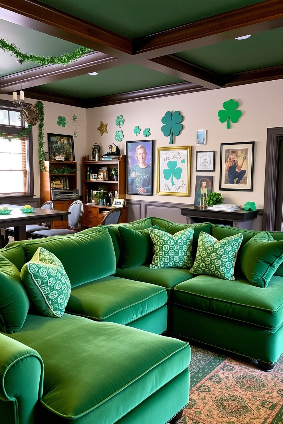 A vibrant game room filled with festive St. Patrick's Day decorations. Colorful leprechaun figurines are playfully arranged on shelves, adding a whimsical touch to the space. The walls are adorned with green and gold accents, creating a lively atmosphere. A cozy seating area features plush chairs and a green rug, inviting friends to gather and celebrate.