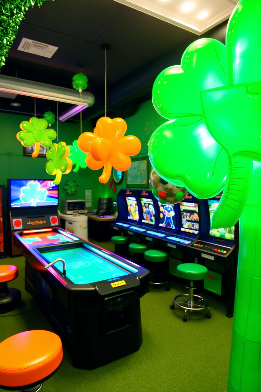 A vibrant game room featuring green felt table covers arranged for various games. The walls are adorned with festive St. Patrick's Day decorations, including shamrocks and gold accents.