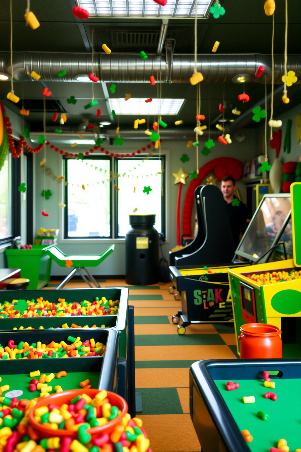 A vibrant game room filled with excitement and color. Lucky charms are scattered playfully across various surfaces, creating a festive atmosphere for St. Patrick's Day celebrations.