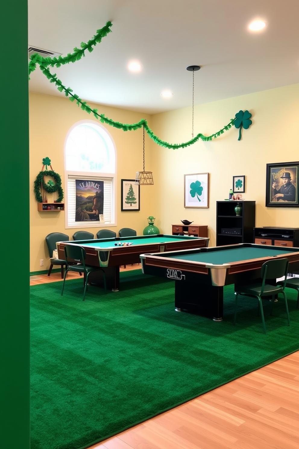 A vibrant game room featuring emerald green rugs that provide comfort and warmth underfoot. The space is adorned with festive St. Patrick's Day decorations, including shamrock garlands and themed artwork on the walls.