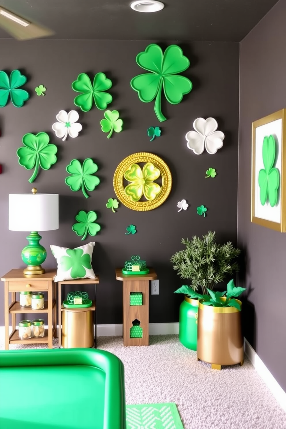 Create a vibrant game room decorated for St. Patrick's Day. The walls feature DIY shamrock wall art displays in various sizes, with playful green and gold accents throughout the space.