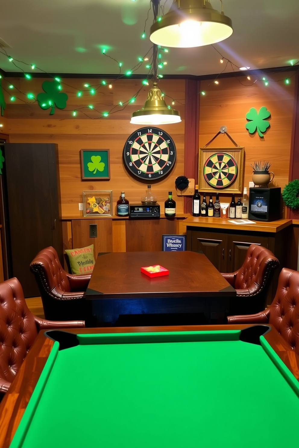 Create a cozy game room setting perfect for St. Patrick's Day. The room features a large wooden table with green felt, surrounded by comfortable leather chairs, and a vintage dartboard on the wall. Add decorative elements such as shamrock-themed wall art and green string lights hanging from the ceiling. A small bar area showcases an assortment of Irish whiskey and festive snacks, creating a warm and inviting atmosphere. Include a sound system playing an Irish music playlist to enhance the ambiance. The lighting is soft and warm, perfect for a fun evening of games and celebration.