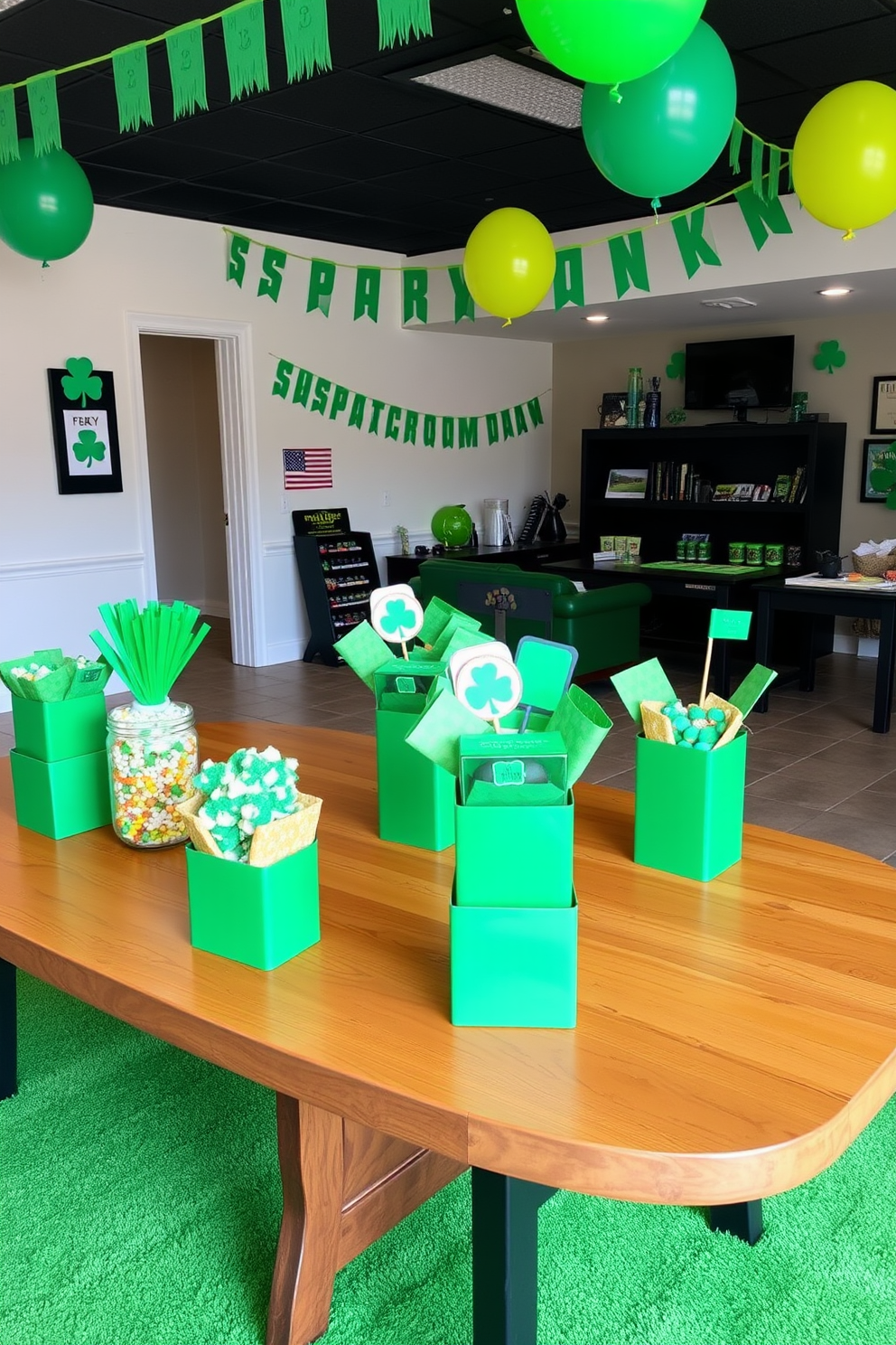 Themed snacks in green containers are beautifully arranged on a large wooden table. Each container is filled with a variety of festive treats, such as green popcorn, shamrock-shaped cookies, and mint chocolate candies. The Game Room is adorned with vibrant decorations that celebrate St. Patrick's Day. Green banners and balloons hang from the ceiling, while a large green rug anchors the space, creating an inviting atmosphere for friends and family to gather.