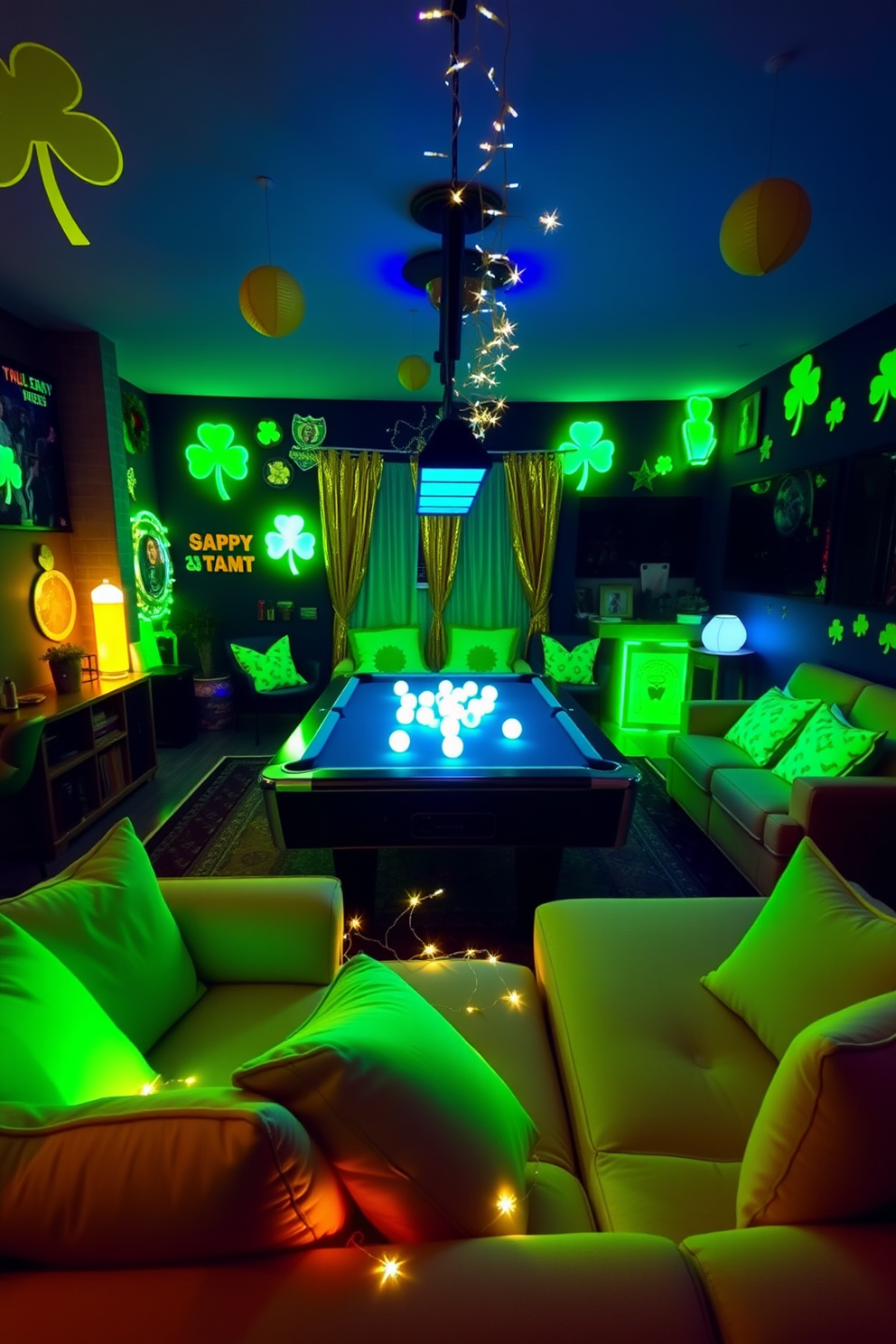 A vibrant game room filled with glow in the dark decorations creates an exciting atmosphere for gatherings. Neon green and gold accents highlight the festive St. Patrick's Day theme, with glowing shamrocks and leprechauns adorning the walls. The furniture features comfortable seating with luminous throw pillows that enhance the playful vibe. A pool table with glow in the dark balls sits at the center, surrounded by twinkling fairy lights for a magical touch.