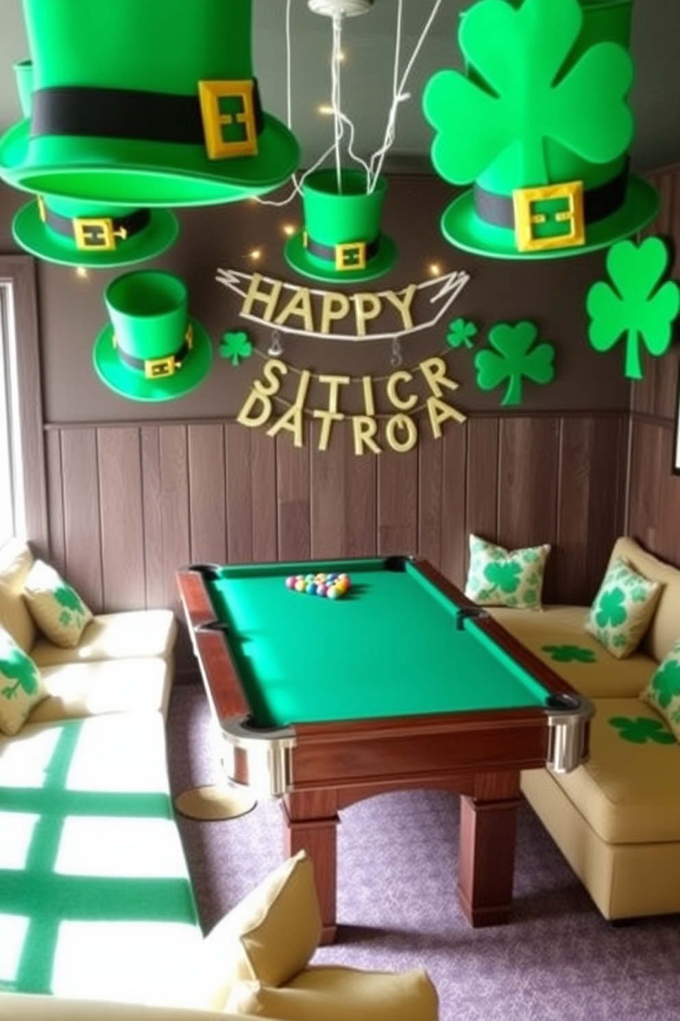 St. Patrick's Day themed art prints adorn the walls of a lively game room. The prints feature vibrant green hues and playful motifs such as shamrocks and leprechauns, creating a festive atmosphere. Comfortable seating is arranged around a large game table, where friends gather to enjoy board games and card games. Colorful string lights in shades of green and gold hang overhead, adding a whimsical touch to the space.