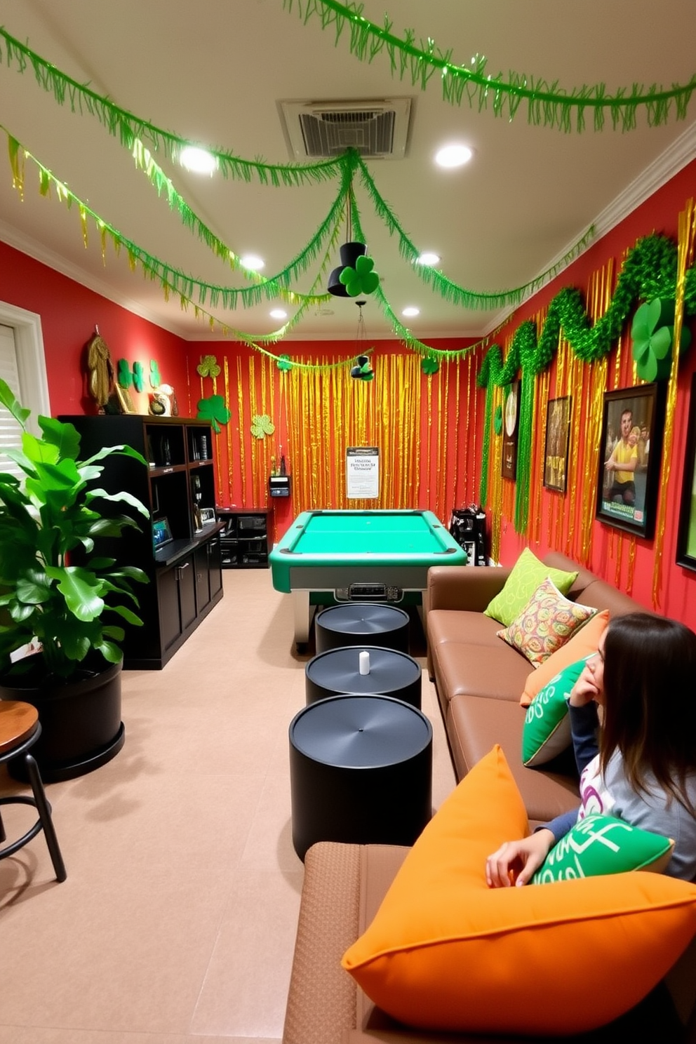 A vibrant game room filled with energy and fun. The walls are adorned with playful St. Patrick's Day decorations, including green and gold streamers and shamrock garlands. In one corner, a large potted green plant adds a touch of freshness to the space. Comfortable seating arrangements with colorful cushions invite friends to gather and enjoy games together.