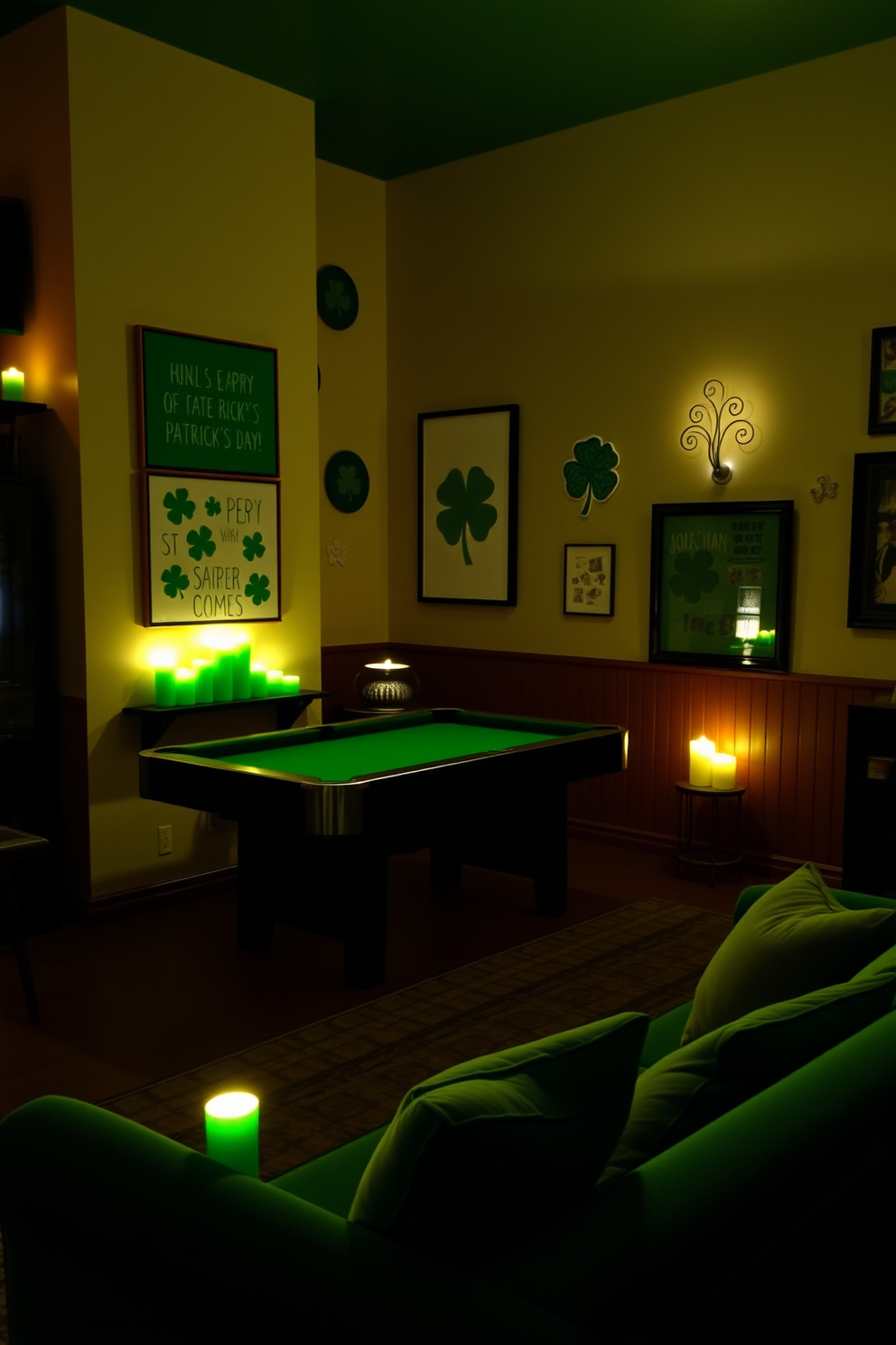 A cozy game room adorned with green candles casting a warm glow throughout the space. The walls are decorated with playful St. Patrick's Day artwork, and a plush green sofa invites relaxation and fun.