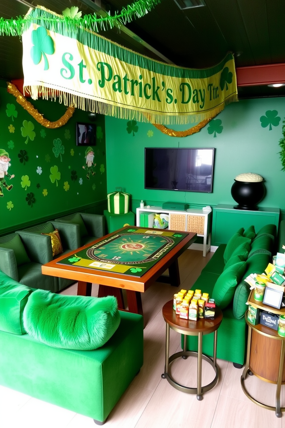 A vibrant game room designed for St. Patrick's Day festivities. The walls are adorned with green and gold decorations, featuring shamrocks and leprechauns, while a large table in the center is set up for board games. Comfortable seating surrounds the table, with plush green cushions adding to the theme. A festive banner hangs overhead, and a selection of St. Patrick's Day themed snacks is displayed on a nearby side table.