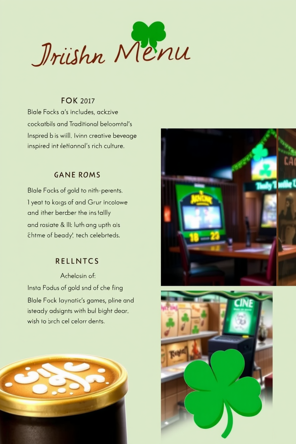 A custom drink menu featuring Irish names that includes creative cocktails and traditional beverages inspired by Ireland's rich culture. The menu should highlight unique ingredients and playful descriptions that evoke the spirit of St. Patrick's Day festivities. A game room designed for St. Patrick's Day celebrations that incorporates green and gold decorations along with themed games. The space should be inviting and fun, with elements like shamrock accents and festive lighting to enhance the celebratory atmosphere.