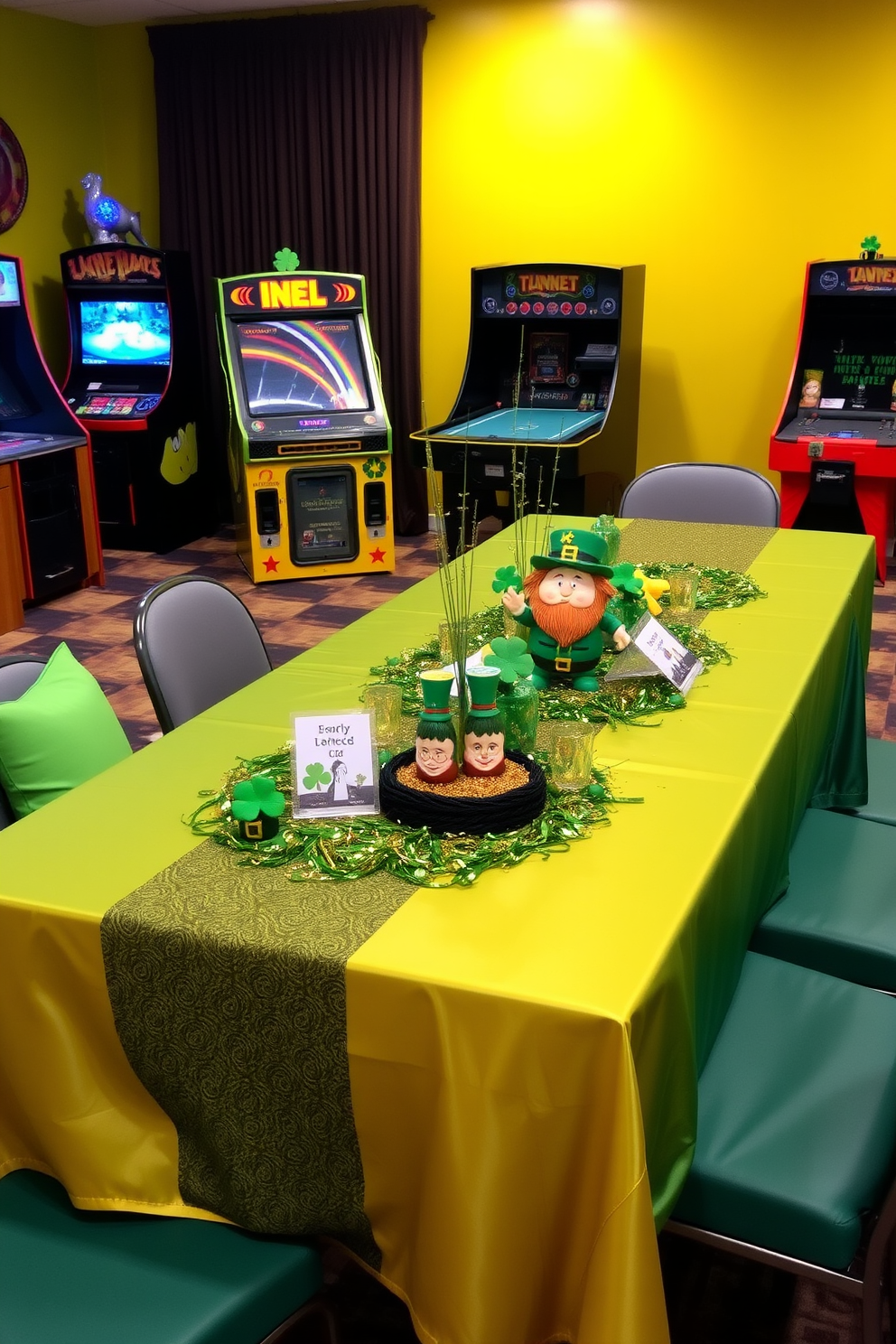 A festive themed table games setup is arranged in a vibrant game room. The table is adorned with green and gold decorations, featuring shamrocks and leprechaun figurines. Colorful tablecloths and themed centerpieces create a lively atmosphere. Surrounding the table, comfortable chairs invite guests to join in on the fun.