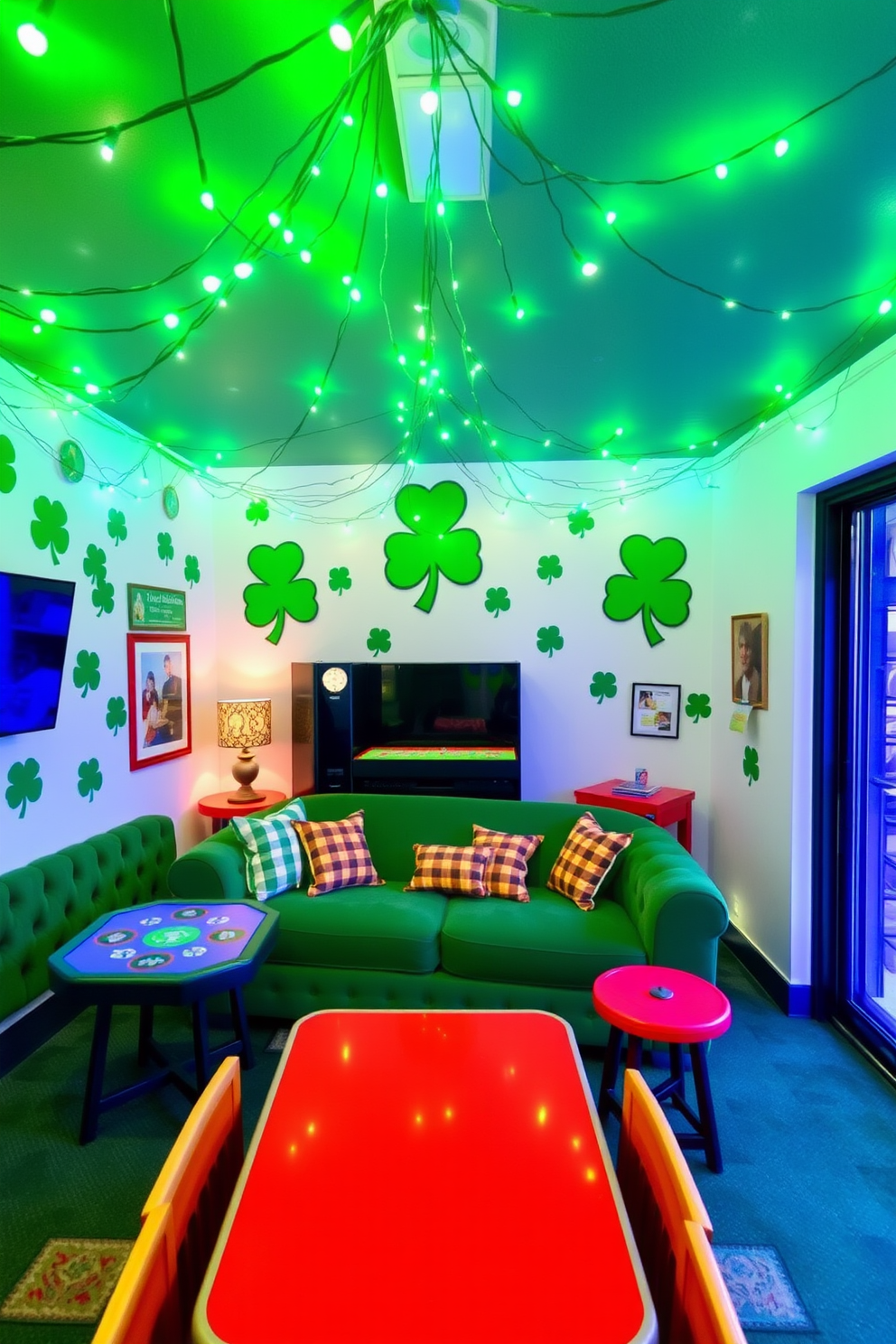 Create a vibrant game room setting adorned with festive green string lights for St. Patrick's Day. The walls are decorated with playful shamrock motifs, and a cozy seating area features a plush green sofa surrounded by colorful game tables.