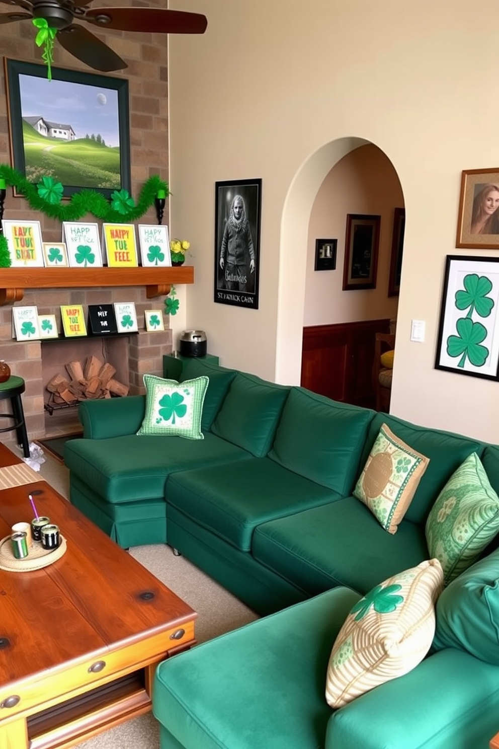 A cozy game room designed for entertaining guests. The space features a large, comfortable sectional sofa in a rich green fabric, surrounded by a rustic wooden coffee table and colorful St. Patrick's Day-themed decorations. Handmade greeting cards are displayed on a vibrant mantel, showcasing intricate designs with shamrocks and festive messages. The walls are adorned with playful artwork that captures the spirit of the holiday, creating an inviting atmosphere for friends and family.