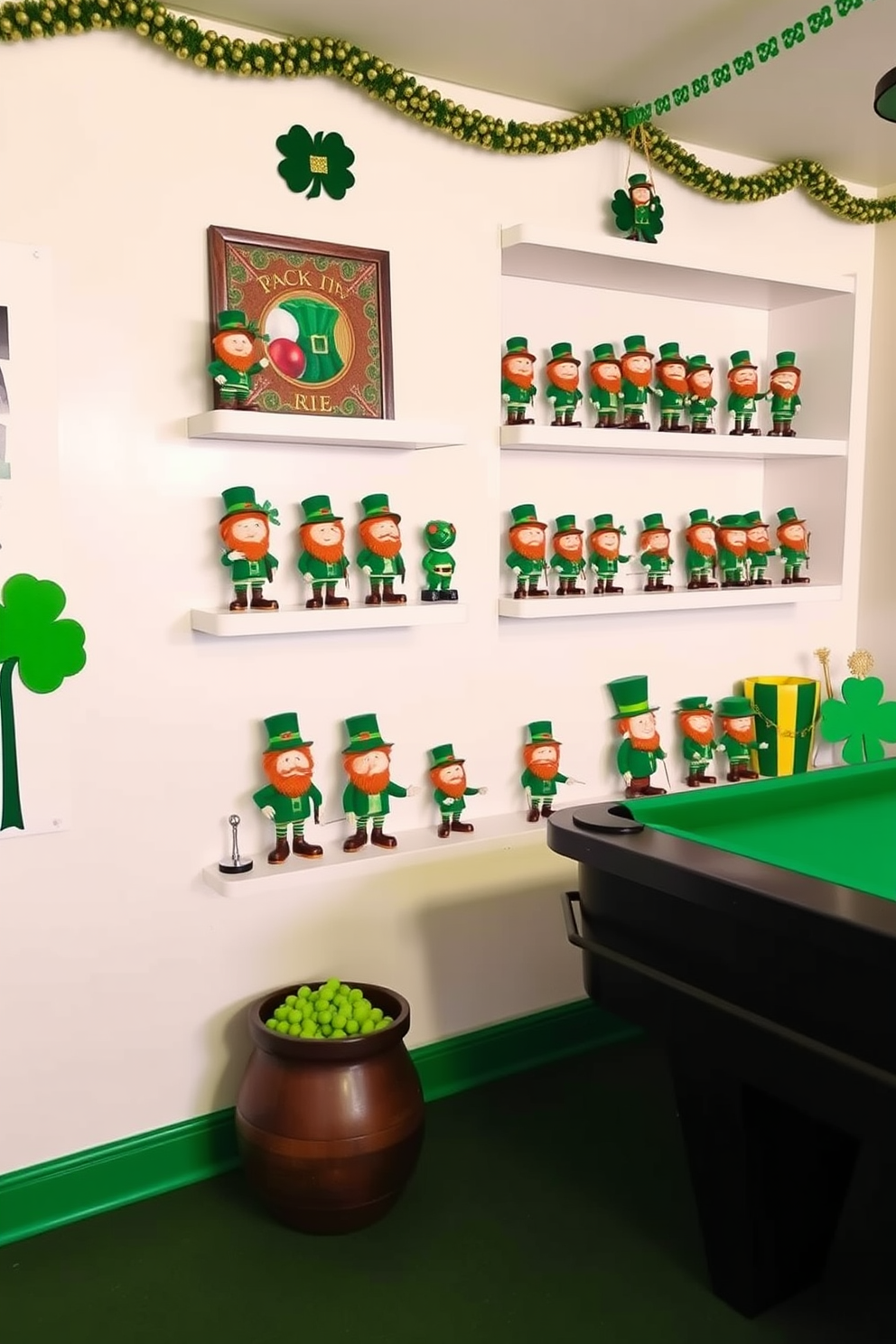 A vibrant game room decorated for St. Patrick's Day features shelves filled with charming leprechaun figurines in various playful poses. The walls are adorned with green and gold accents, creating a festive atmosphere perfect for gatherings and celebrations.