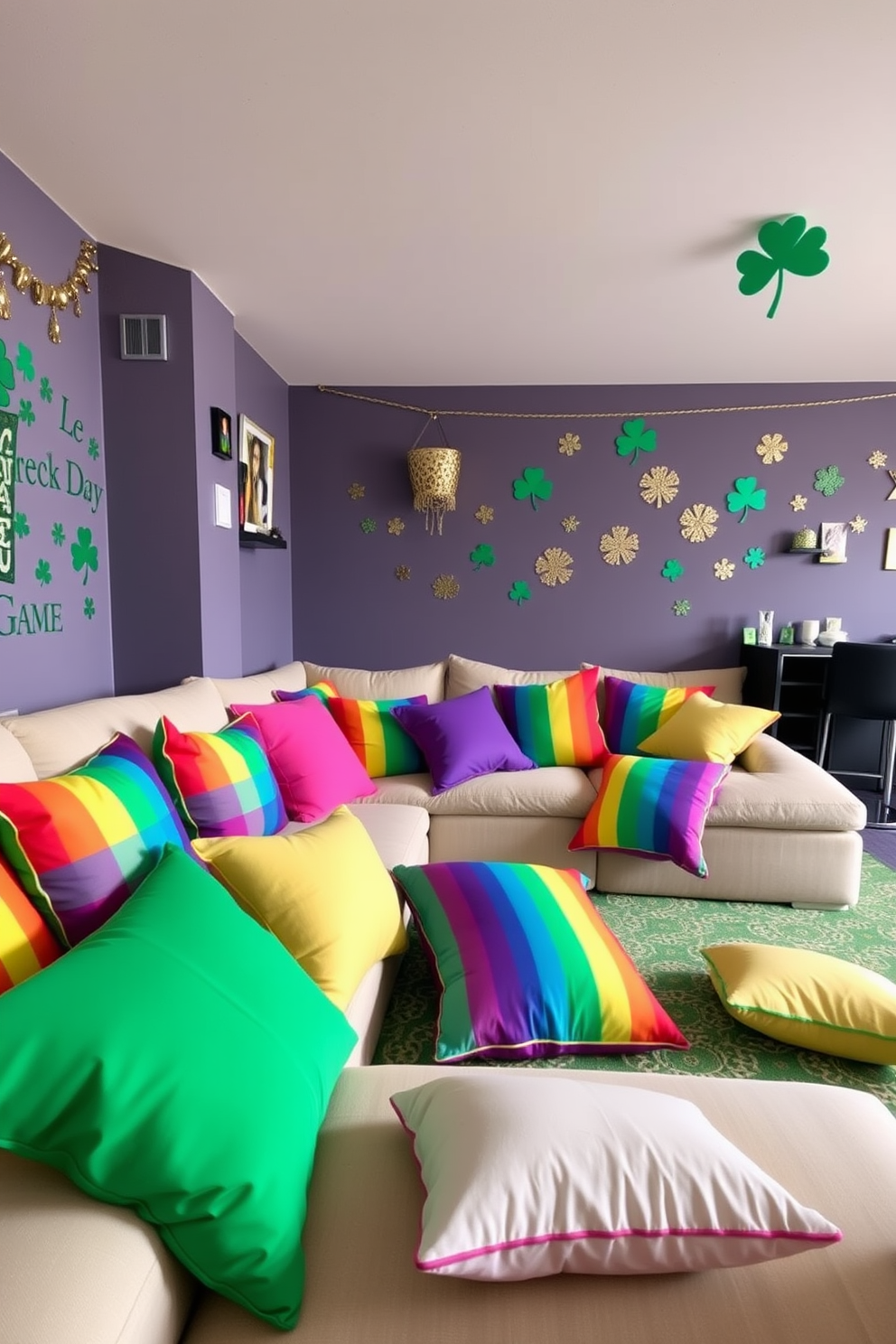 A vibrant game room filled with rainbow colored cushions and pillows scattered across a large sectional sofa. The walls are adorned with playful St. Patrick's Day decorations, including shamrocks and gold accents, creating a festive atmosphere.