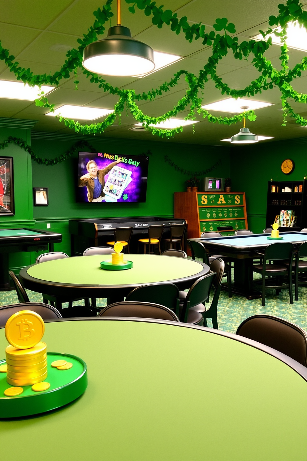 A cozy game room adorned with vintage Irish pub signs that add character and charm to the space. The walls are decorated with a mix of colorful and rustic signs showcasing traditional Irish brews and festive St. Patrick's Day themes. Incorporate green accents throughout the room to enhance the festive atmosphere during St. Patrick's Day celebrations. Plush seating and a wooden bar cart complete the inviting ambiance, making it the perfect spot for gatherings and game nights.