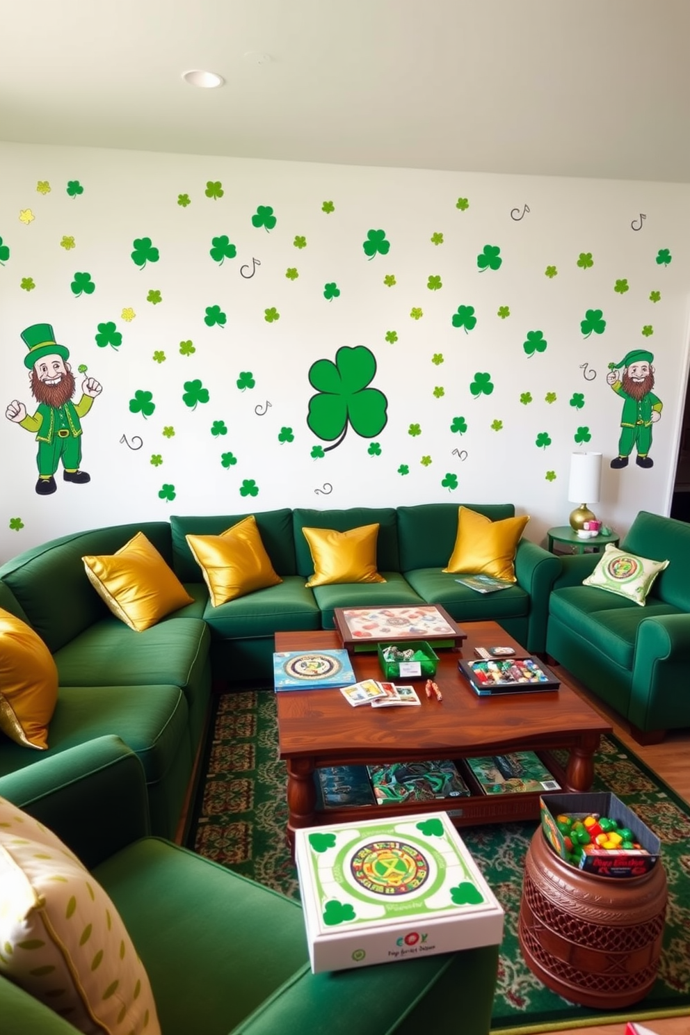 A vibrant game room adorned with St. Patrick's Day themed wall decals. The walls are decorated with playful shamrocks and leprechauns, creating a festive atmosphere perfect for gatherings. The seating area features a plush green couch complemented by gold accent pillows. A large wooden coffee table is set in the center, surrounded by board games and festive snacks for an enjoyable experience.