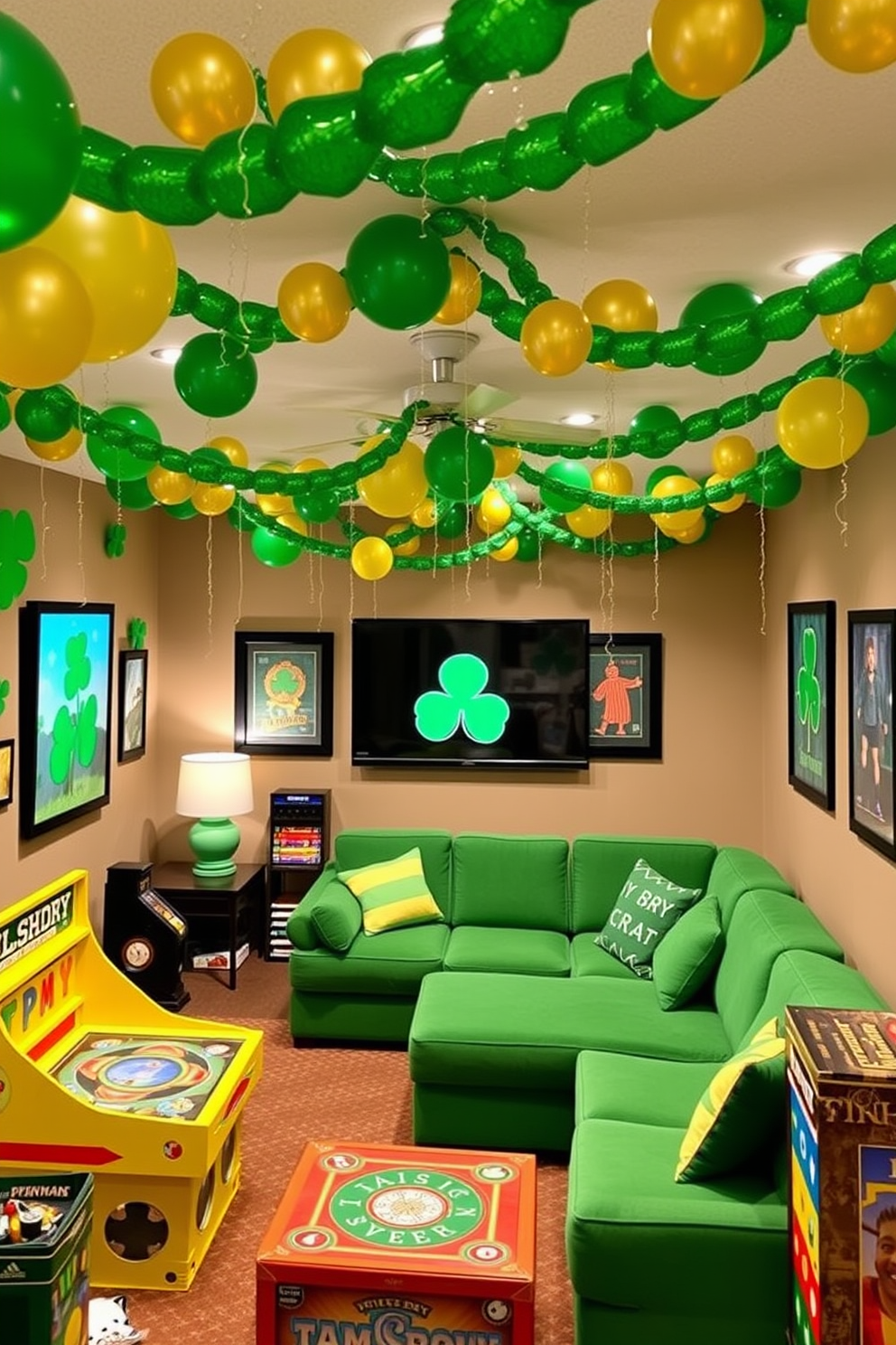 Create a vibrant game room decorated for St. Patrick's Day with green and gold balloon garlands draped across the ceiling. The walls are adorned with festive Irish-themed artwork and a cozy seating area features a large green sectional sofa surrounded by playful games.