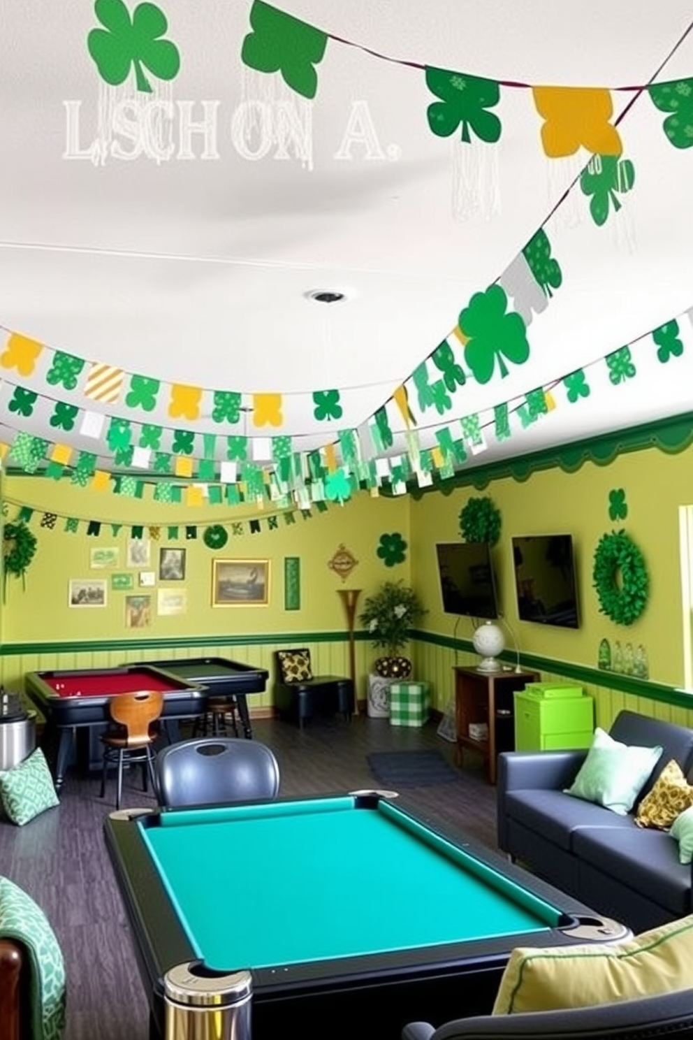 A vibrant game room decorated for St. Patrick's Day features Irish flag bunting strung across the ceiling, creating a festive atmosphere. The walls are adorned with playful green and gold accents, and a cozy seating area invites friends to enjoy games and celebrate together.