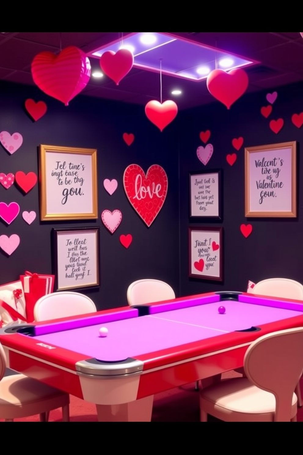 A vibrant game room adorned with Valentine's Day themed wall art. The walls feature playful heart-shaped decorations and framed prints of romantic quotes, creating a festive atmosphere.