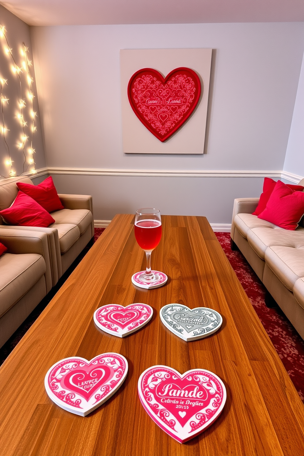 A themed snack bar featuring an array of pink treats including cupcakes, macarons, and cotton candy. The bar is adorned with heart-shaped decorations and pink balloons, creating a festive atmosphere for Valentine's Day. The game room is designed with cozy seating and vibrant colors, perfect for entertaining guests. Valentine's Day decorations include string lights, heart-themed wall art, and playful table games to enhance the celebratory vibe.