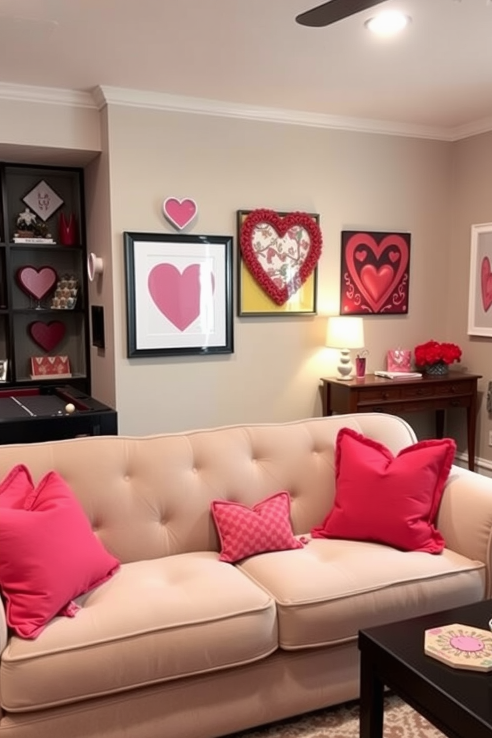 Decorative heart-shaped balloons are strategically placed in the corners of the game room creating a festive atmosphere. The balloons are in various shades of pink and red, adding a cheerful touch to the space for Valentine's Day celebrations.