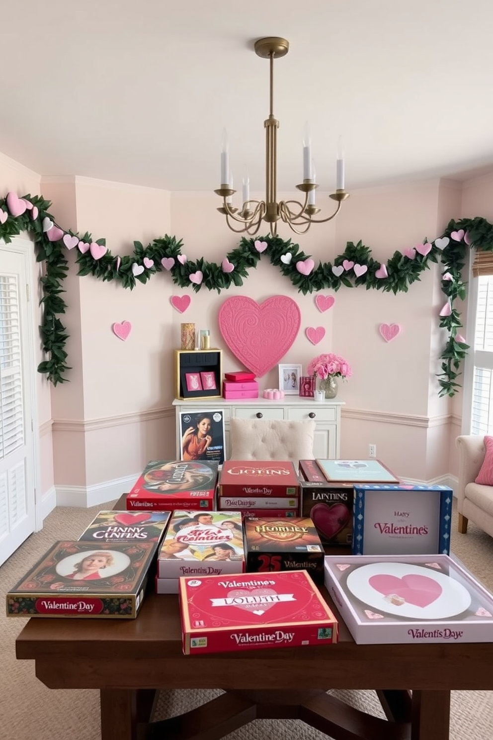 A cozy game room decorated for Valentine's Day. The walls are adorned with heart-shaped garlands and soft pink accents, while a large table showcases a variety of Valentine's themed board games in elegant boxes.