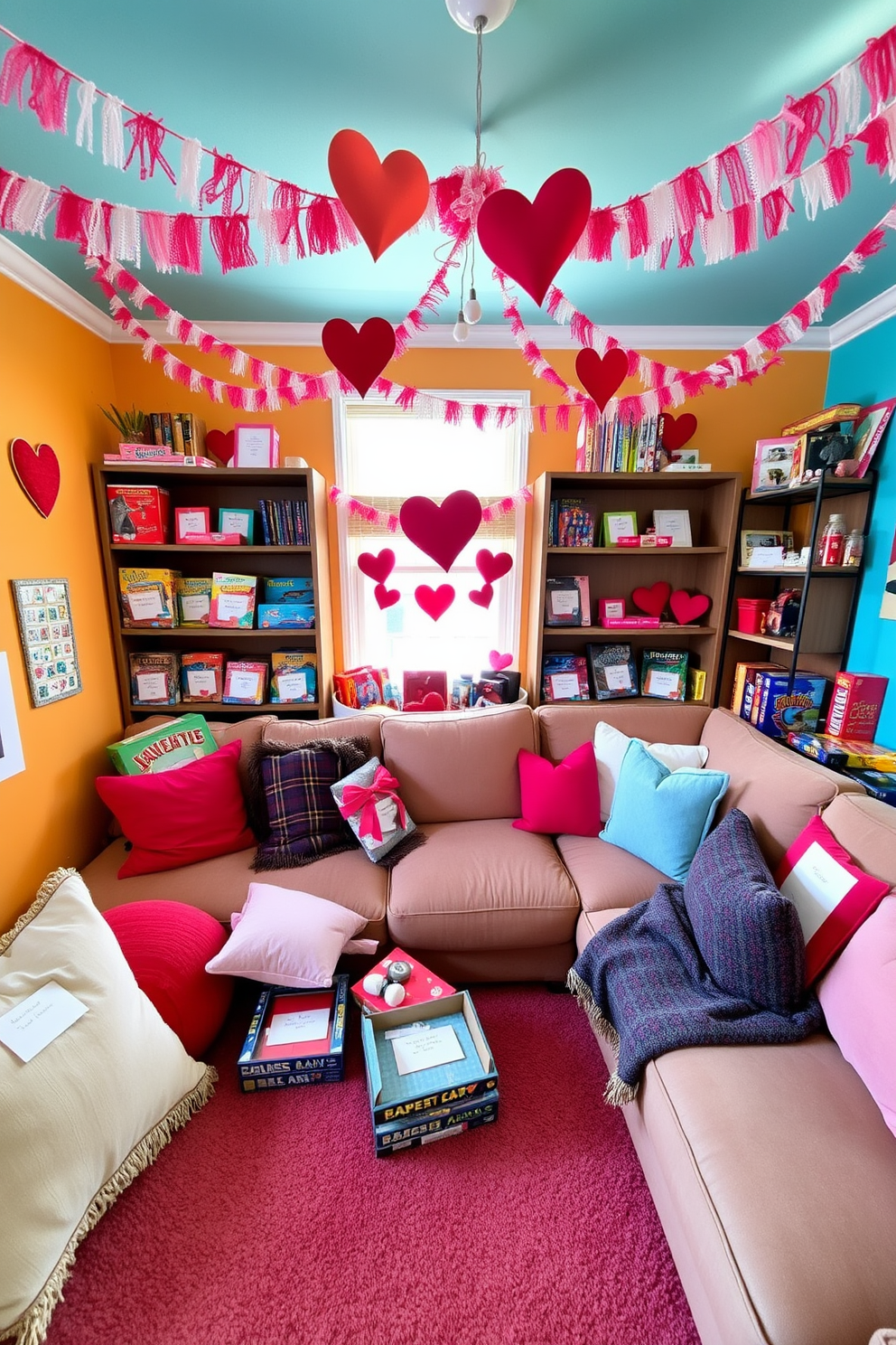 A cozy game room filled with vibrant colors and playful decor. Soft cushions and throws are scattered across a large sectional sofa, inviting guests to relax and enjoy the space. Game boxes are creatively arranged on shelves, each adorned with love notes tucked inside. Heart-shaped decorations and festive garlands hang from the ceiling, adding a whimsical touch to the Valentine's Day theme.