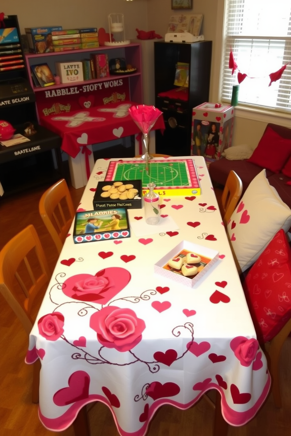 A cozy game room decorated for Valentine's Day features a themed tablecloth adorned with hearts and roses. The table is set with playful board games and heart-shaped snacks, creating a festive and inviting atmosphere.