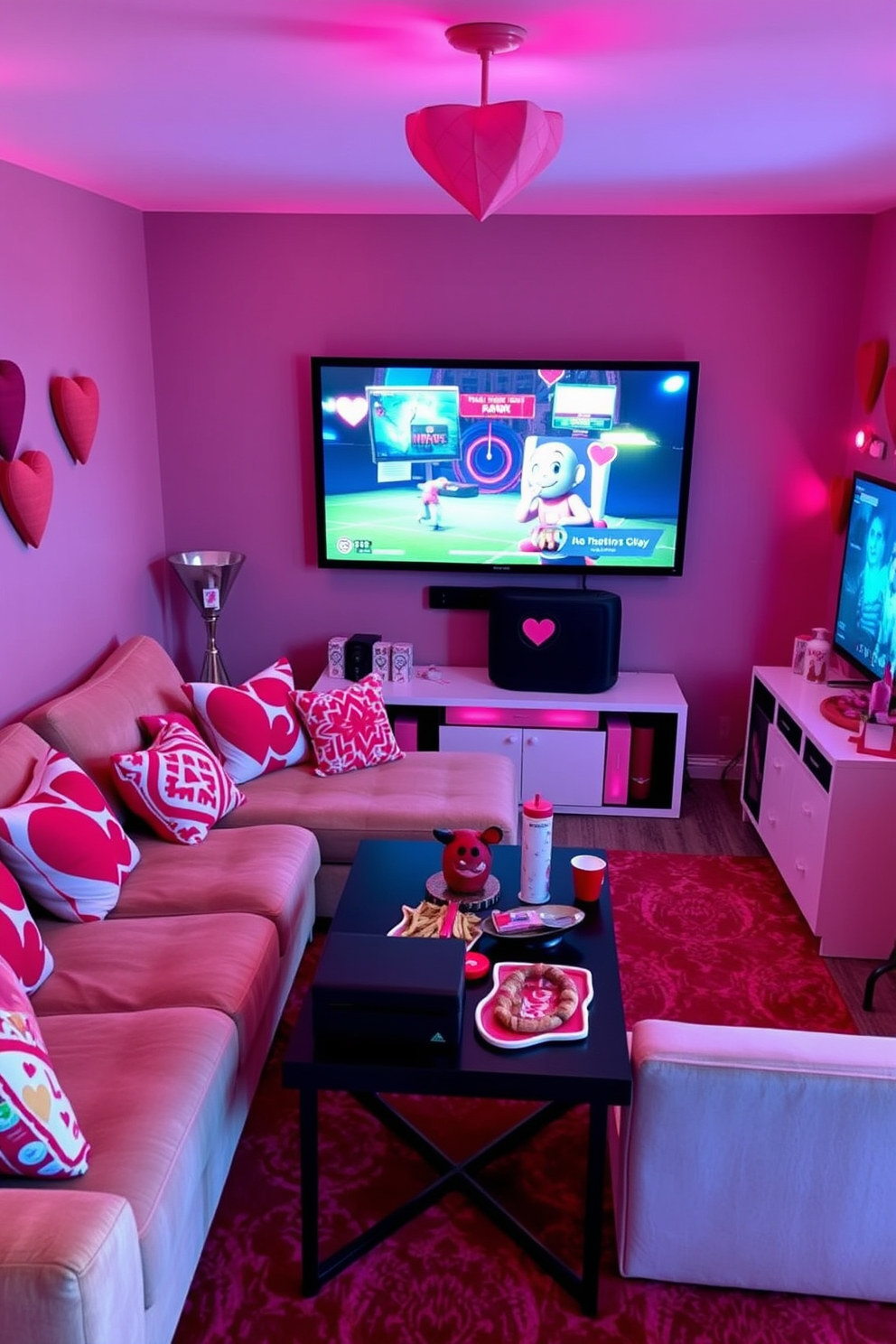 Create a cozy game room setting for Valentine's Day. The tables are adorned with elegant candle arrangements in various heights, casting a warm glow across the space. Soft pastel colors dominate the decor, with plush seating inviting guests to relax. Heart-shaped decorations are subtly placed around the room, enhancing the romantic atmosphere.