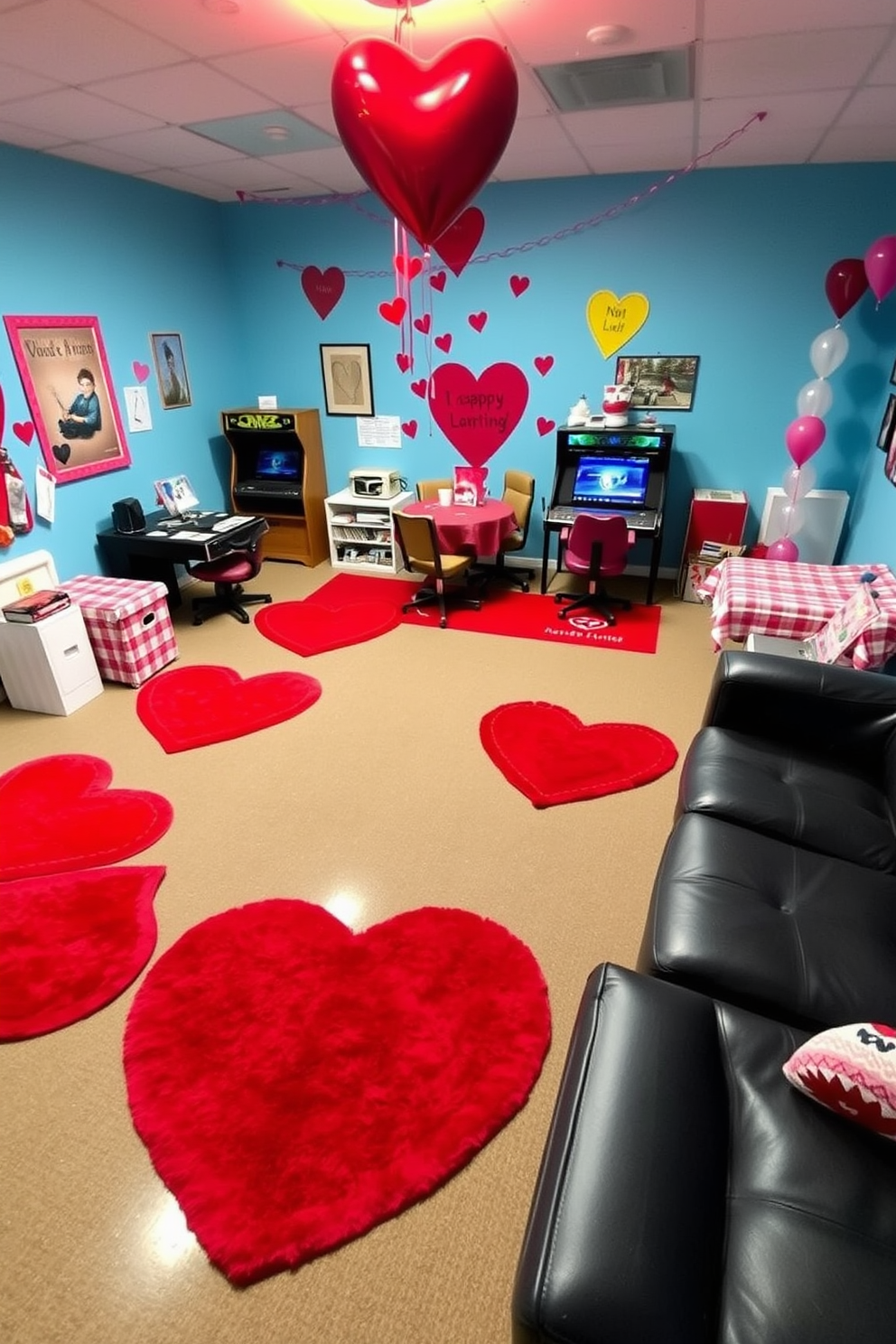 A vibrant game room decorated for Valentine's Day features decorative heart-shaped rugs spread across the floor. The walls are adorned with playful wall art, and cozy seating arrangements invite friends and family to enjoy gaming together in a festive atmosphere.