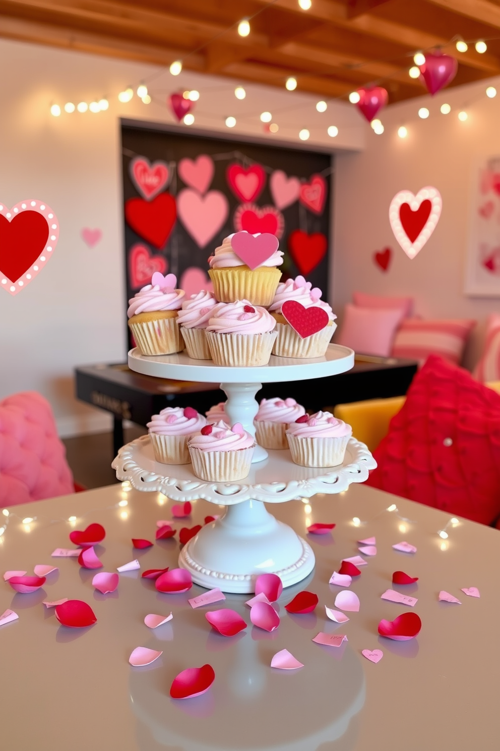 A vibrant game room filled with themed wall decals featuring love messages in playful typography. The walls are adorned with colorful hearts and romantic phrases, creating a fun and inviting atmosphere for Valentine's Day celebrations.